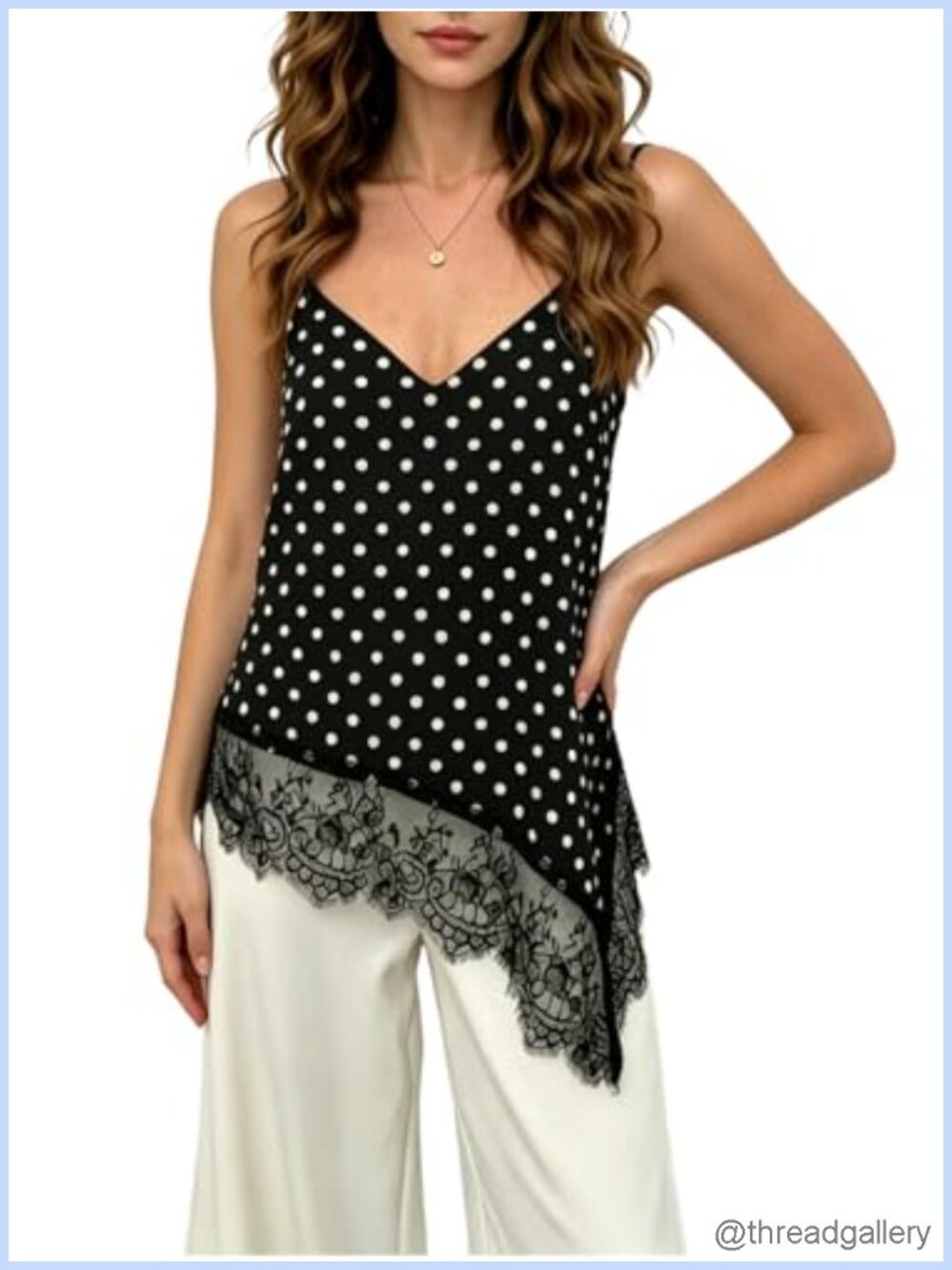 Satin Lace Polka Dot V-Neck Asymmetrical Cami Top Spaghetti Strap Party